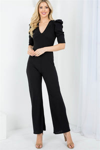 Black Deep V-Neckline Ruffle Sleeve Ribbed Square Leg Jumpsuit