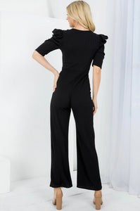 Black Deep V-Neckline Ruffle Sleeve Ribbed Square Leg Jumpsuit